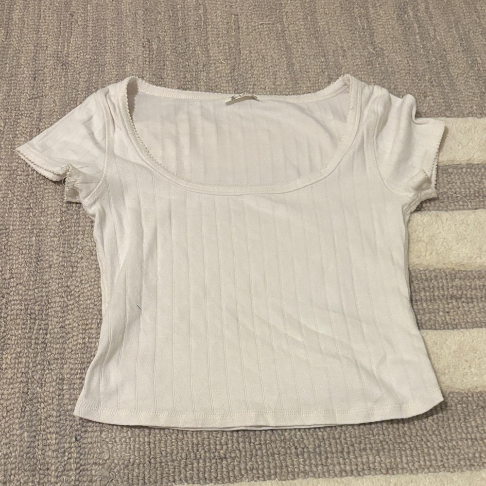 Free People Cream Ribbed Short Sleeve Top